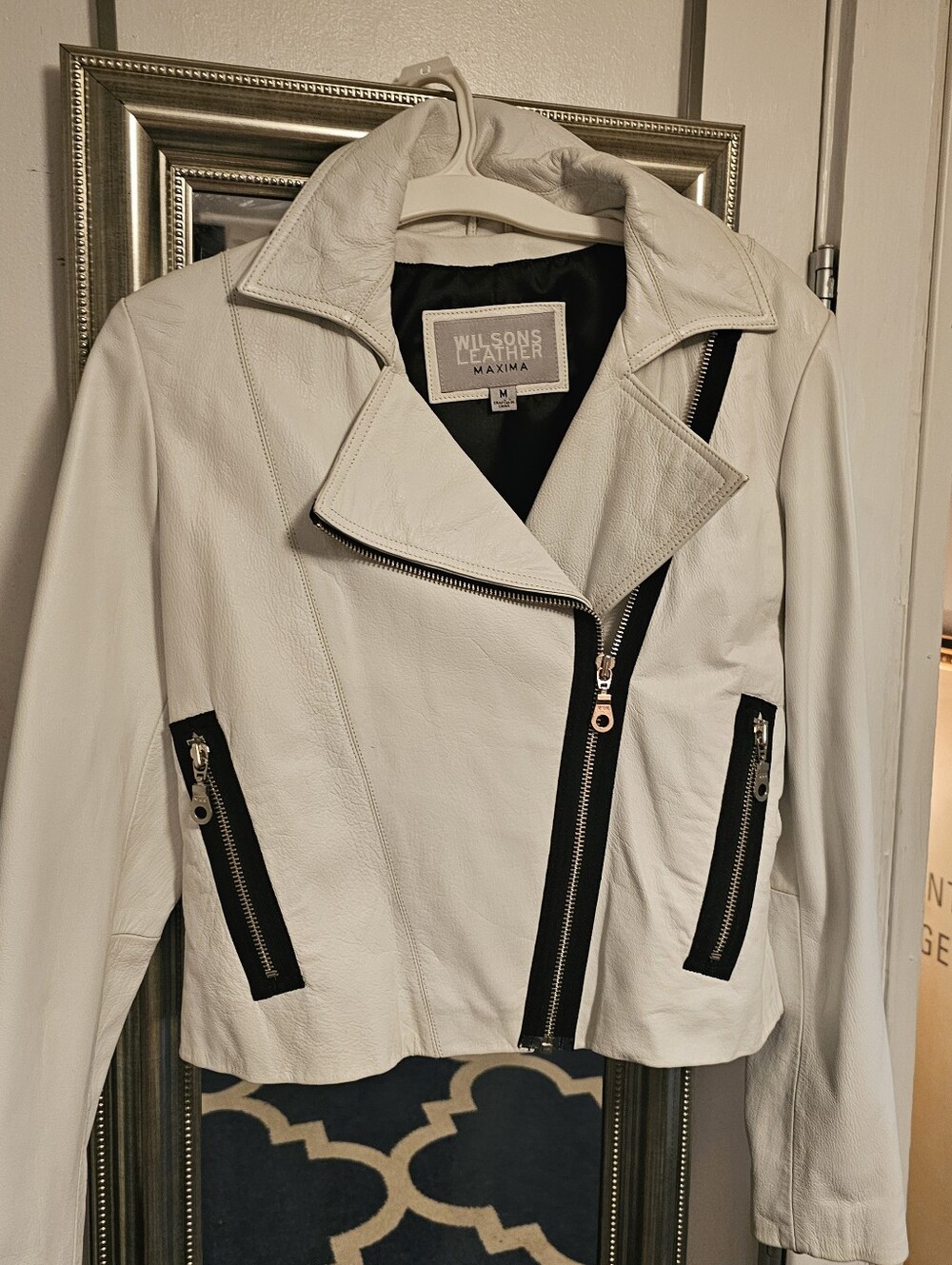 Wilsons Leather White Moto Jacket with Black Trim